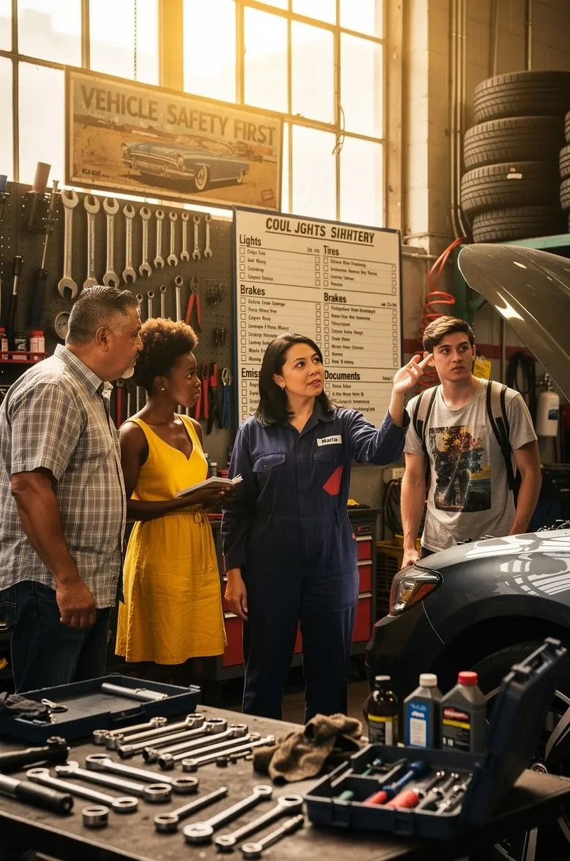 Technician reviewing vehicle emissions documentation and checklist at a car repair center in New York City